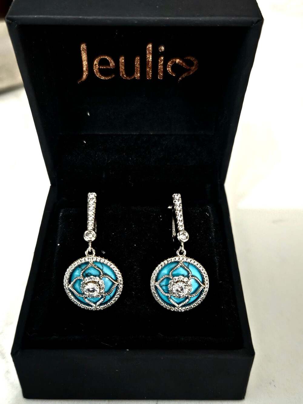 Jeulico Sterling Silver Turquoise and White Stone Dangle Earrings